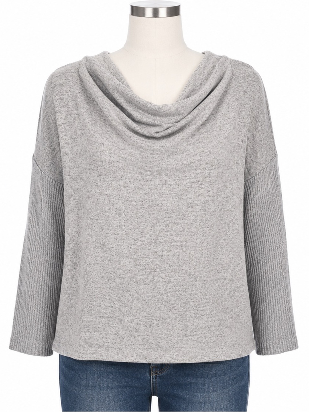 LOFT Gray Cowl Neck Knit Top Large Relaxed Oversized Ribbed Sleeve